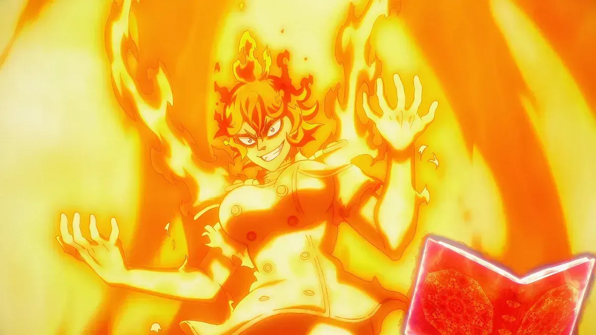 Mereoleona grins with her body and hair turned to bright orange flame and both hands raised beside a glowing red grimoire, in a still from Black Clover season 2, episode 2