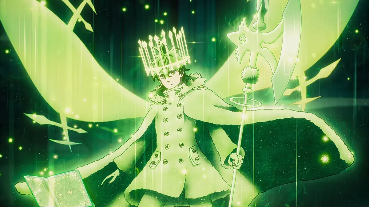 Yuno glows green in a crowned, winged form and holds a tall staff as he uses Spirit of Boreas, in a still from Black Clover season 2, episode 2