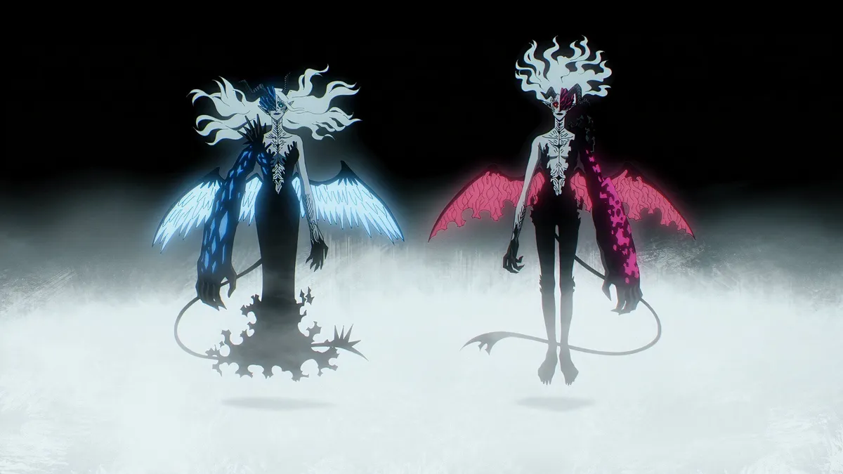 Two pale horned devils with wings and tails, one glowing blue and one glowing pink, hover side by side above white mist, in a still from Black Clover season 2, episode 2